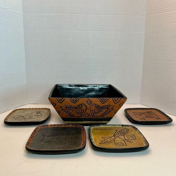 LAUREL BURCH for Ganz Bella Casa Aztec Set Bowl & 4 Plates - Picture 1 of 9